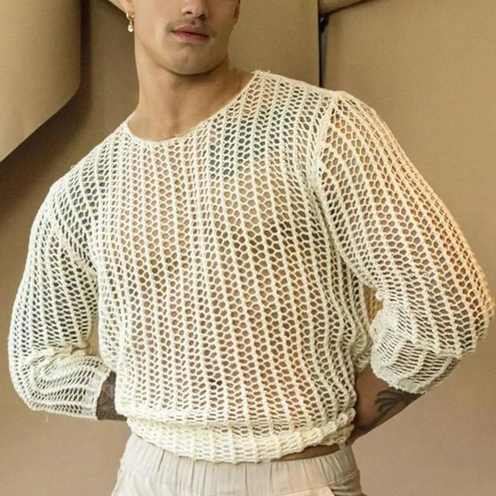 Men Top Long Sleeves See Through Round Neck Knitted Mesh