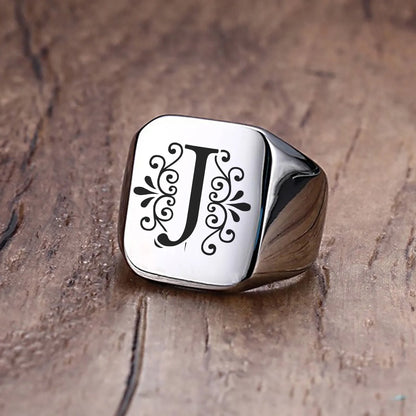 Men Ring Alphabet A-Z Initials Stainless Steel Silver