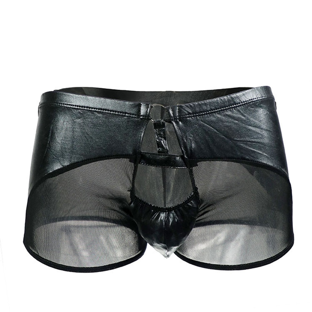Men Front Open Hole Boxer Briefs Leather Underwear