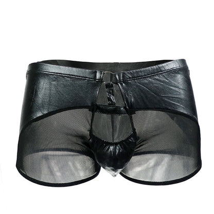 Men Front Open Hole Boxer Briefs Leather Underwear