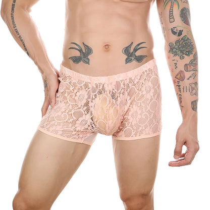 Men’s Ultra-Thin Lace Mesh Boxer Briefs See-Through