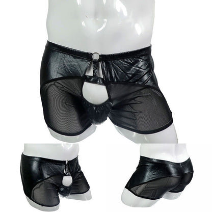 Men Front Open Hole Boxer Briefs Leather Underwear
