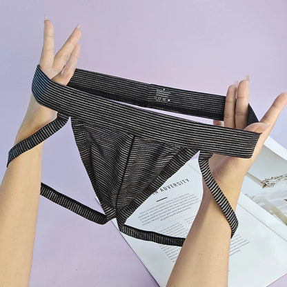 galleryman.com - Men Jockstrap Breathable Striped Underwear Black