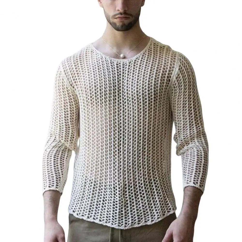 Men Top Long Sleeves See Through Round Neck Knitted Mesh