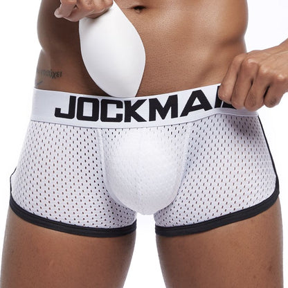 galleryman.com - Men Mesh Boxer Briefs Underwear Padded Front and Back White