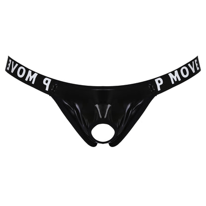 galleryman.com - Men Patent Leather Jockstrap Front Hole Underwear Black
