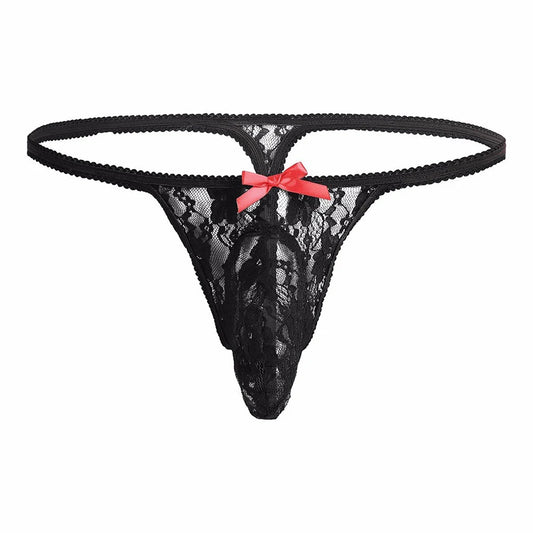 galleryman.com - Men Sexy Lace Thong Large Pouch Panties Underwear Black