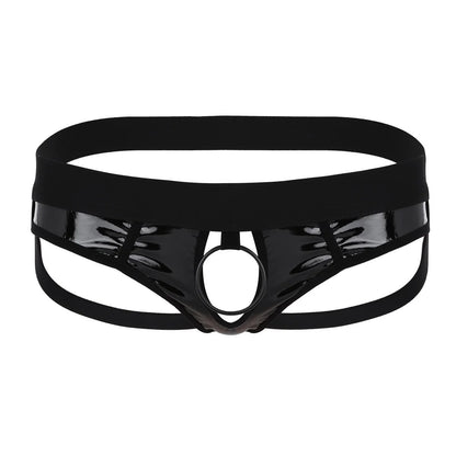 galleryman.com - Men's Patent Leather Jockstrap Front Ring Hole Underwear Black