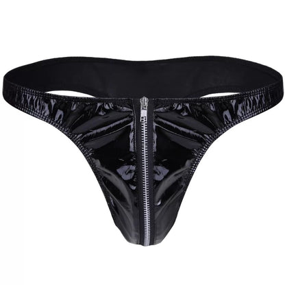 galleryman.com - Men's Sexy Leather Thong Open Zipper Front Black