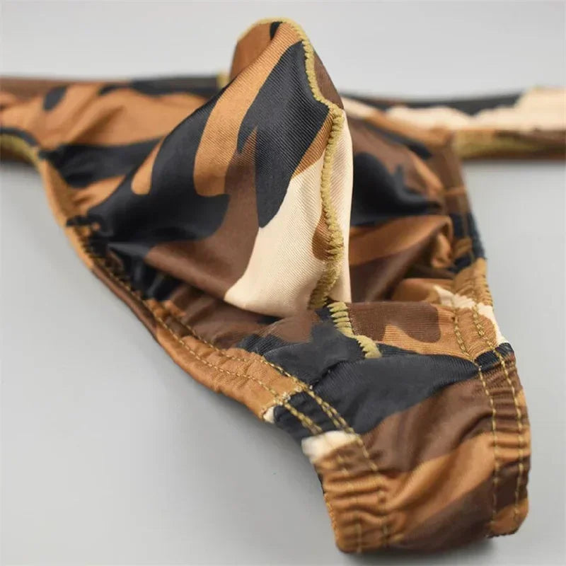Men Camouflage Thong Bulge Pouch Design Underwear in Brown by Gallery Man