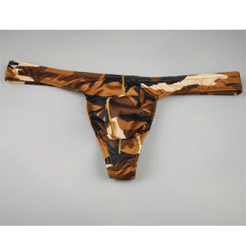 Men Camouflage Thong Bulge Pouch Design Underwear in Brown by Gallery Man
