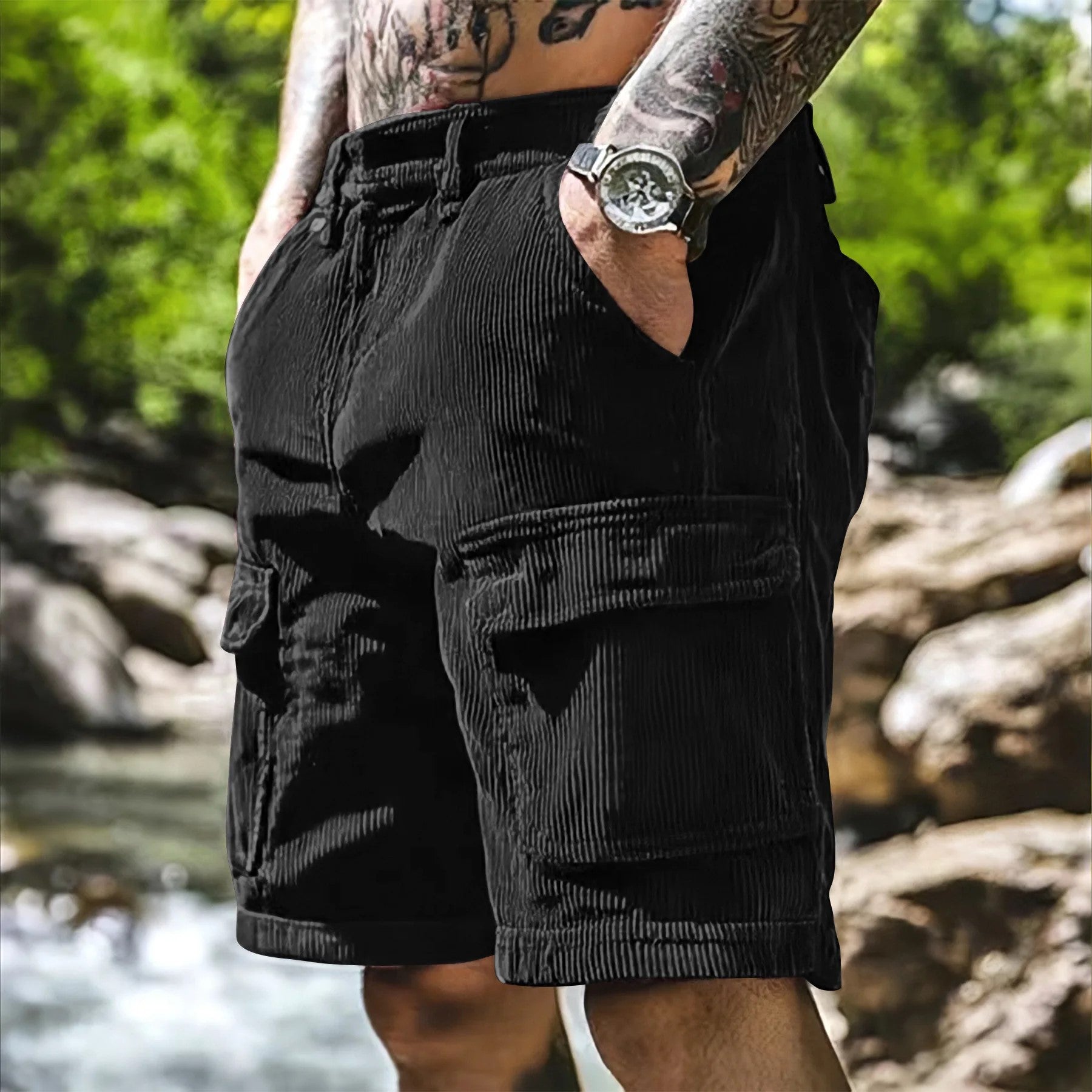 Men’s Corduroy Cargo Shorts – Relaxed Fit Casual Retro Multi Pocket in Black by Gallery Man