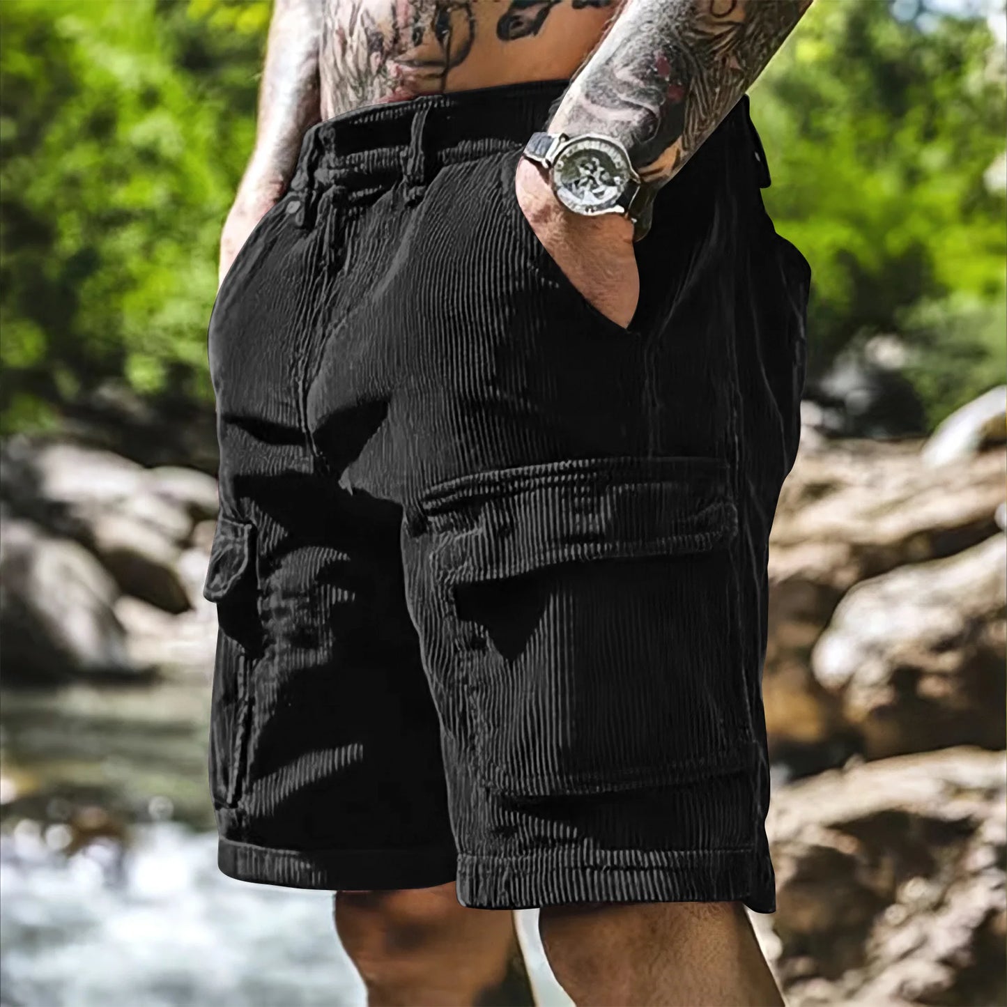 Men’s Corduroy Cargo Shorts – Relaxed Fit Casual Retro Multi Pocket in Black by Gallery Man