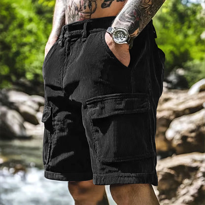 Men’s Corduroy Cargo Shorts – Relaxed Fit Casual Retro Multi Pocket in Black by Gallery Man