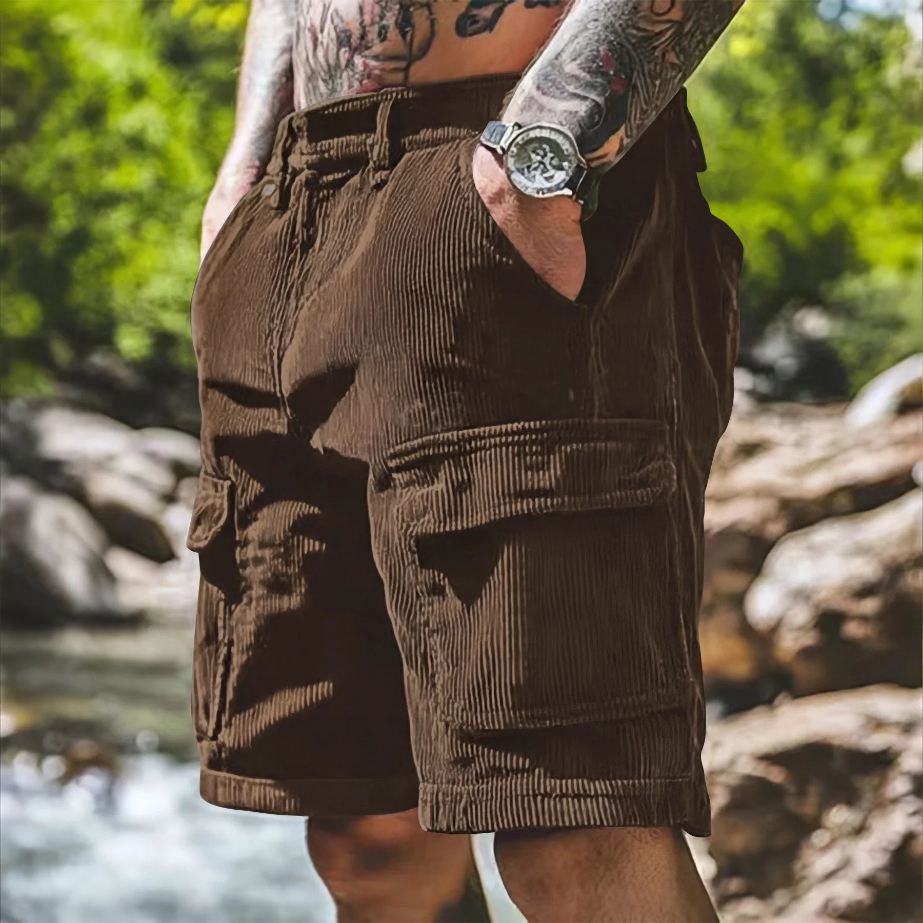 Men’s Corduroy Cargo Shorts – Relaxed Fit Casual Retro Multi Pocket in Coffee by Gallery Man