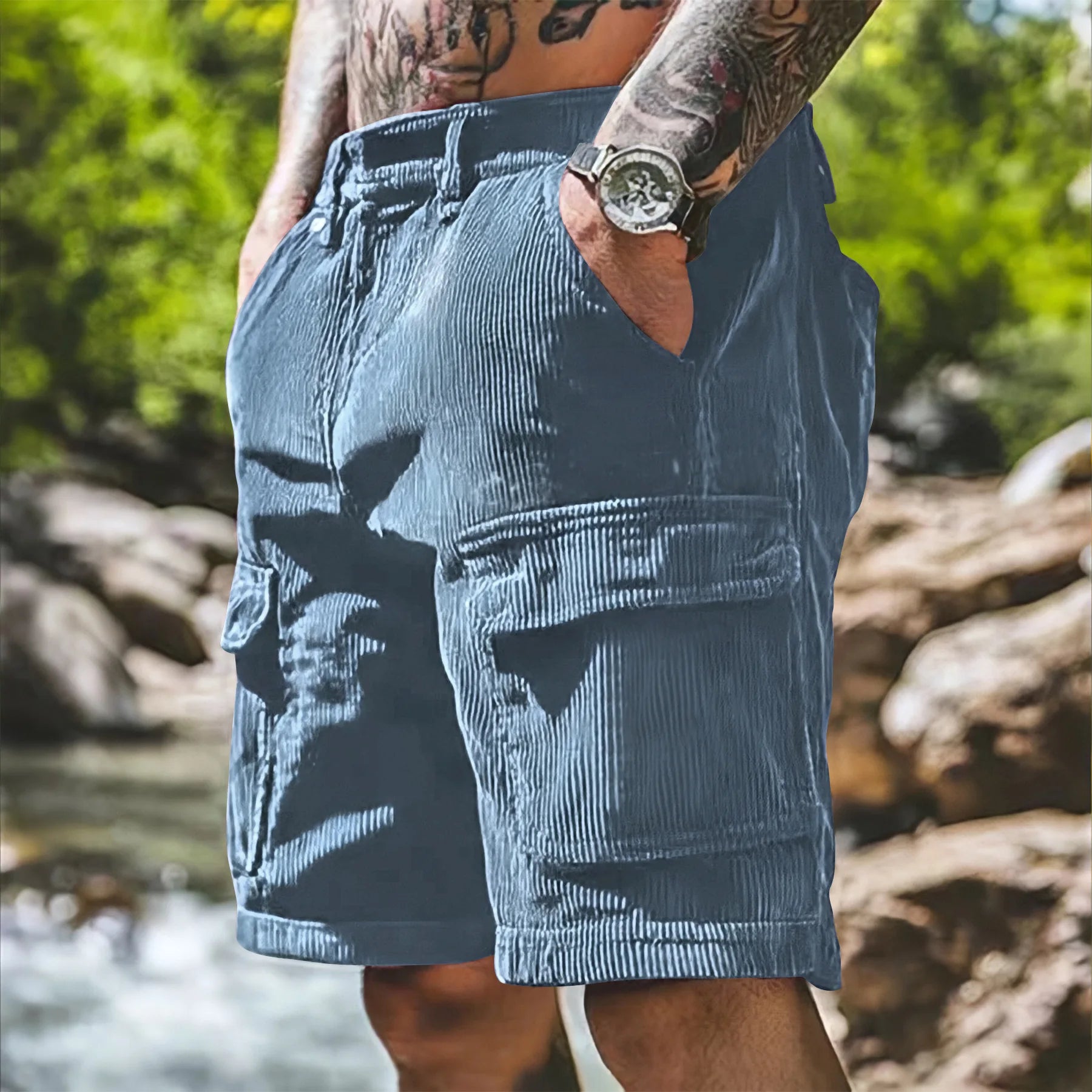 Men’s Corduroy Cargo Shorts – Relaxed Fit Casual Retro Multi Pocket in Light Blue by Gallery Man
