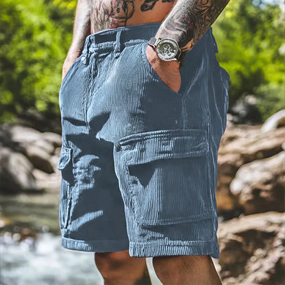 Men’s Corduroy Cargo Shorts – Relaxed Fit Casual Retro Multi Pocket in Light Blue by Gallery Man