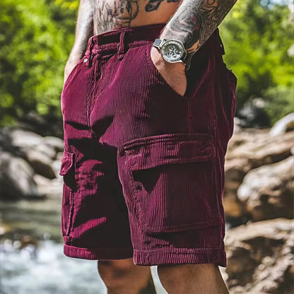 Men’s Corduroy Cargo Shorts – Relaxed Fit Casual Retro Multi Pocket in Wine Red by Gallery Man