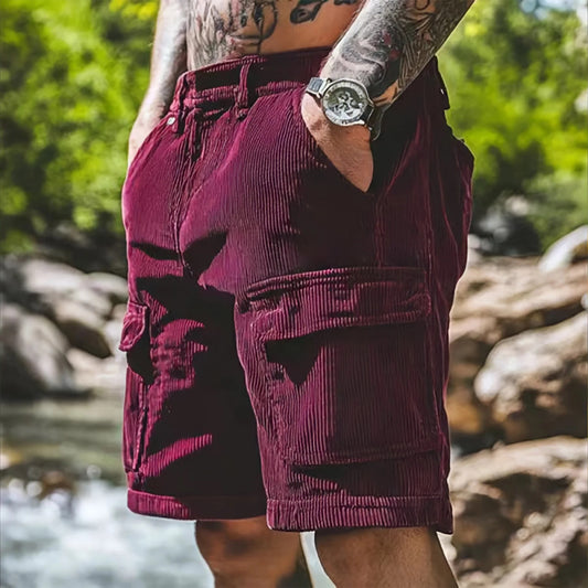 Men’s Corduroy Cargo Shorts – Relaxed Fit Casual Retro Multi Pocket in Wine Red by Gallery Man
