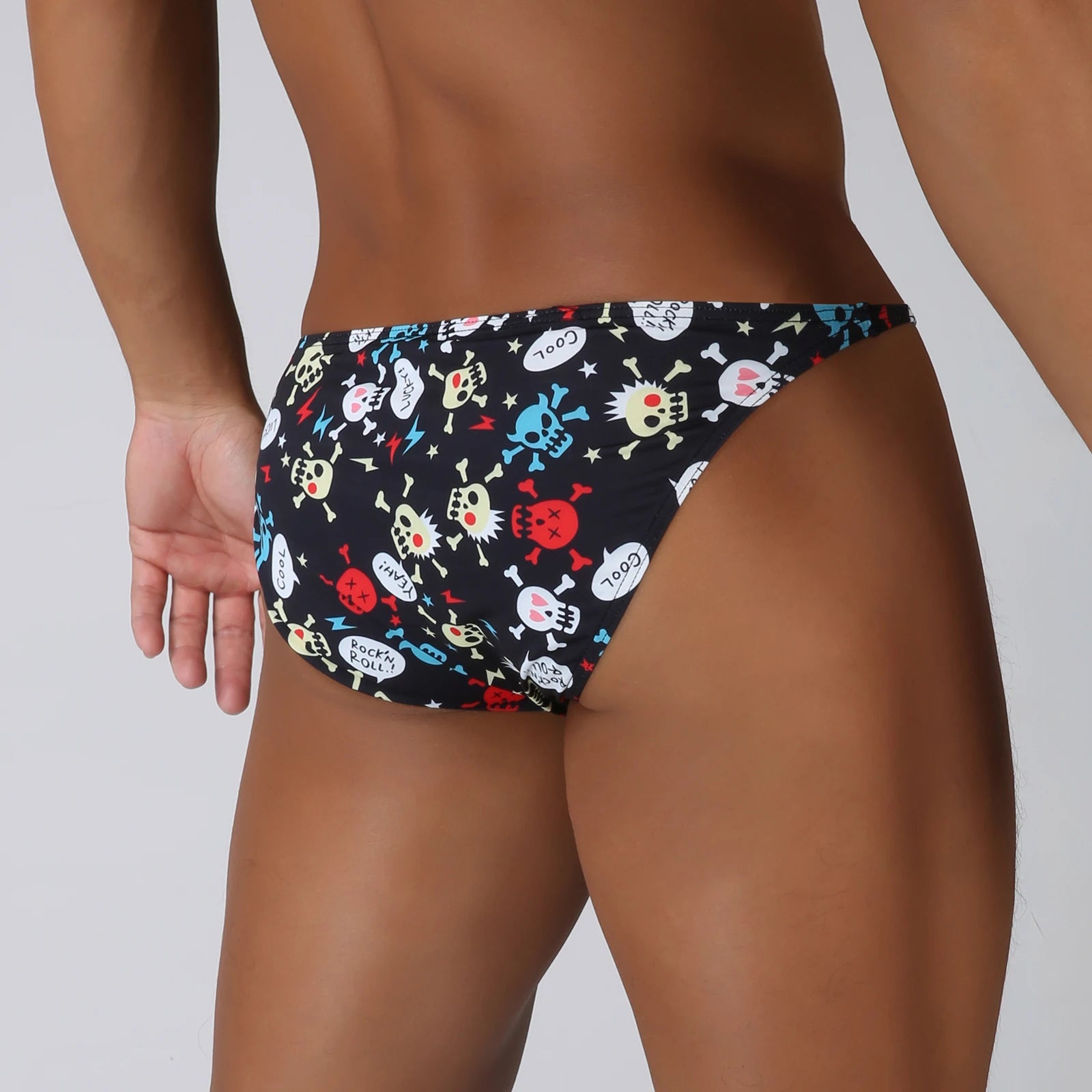 Men's Funny Skull Print Briefs Bikini Style with Mini Waistband in Black by Gallery Man