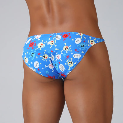 Men's Funny Skull Print Briefs Bikini Style with Mini Waistband in Blue by Gallery Man