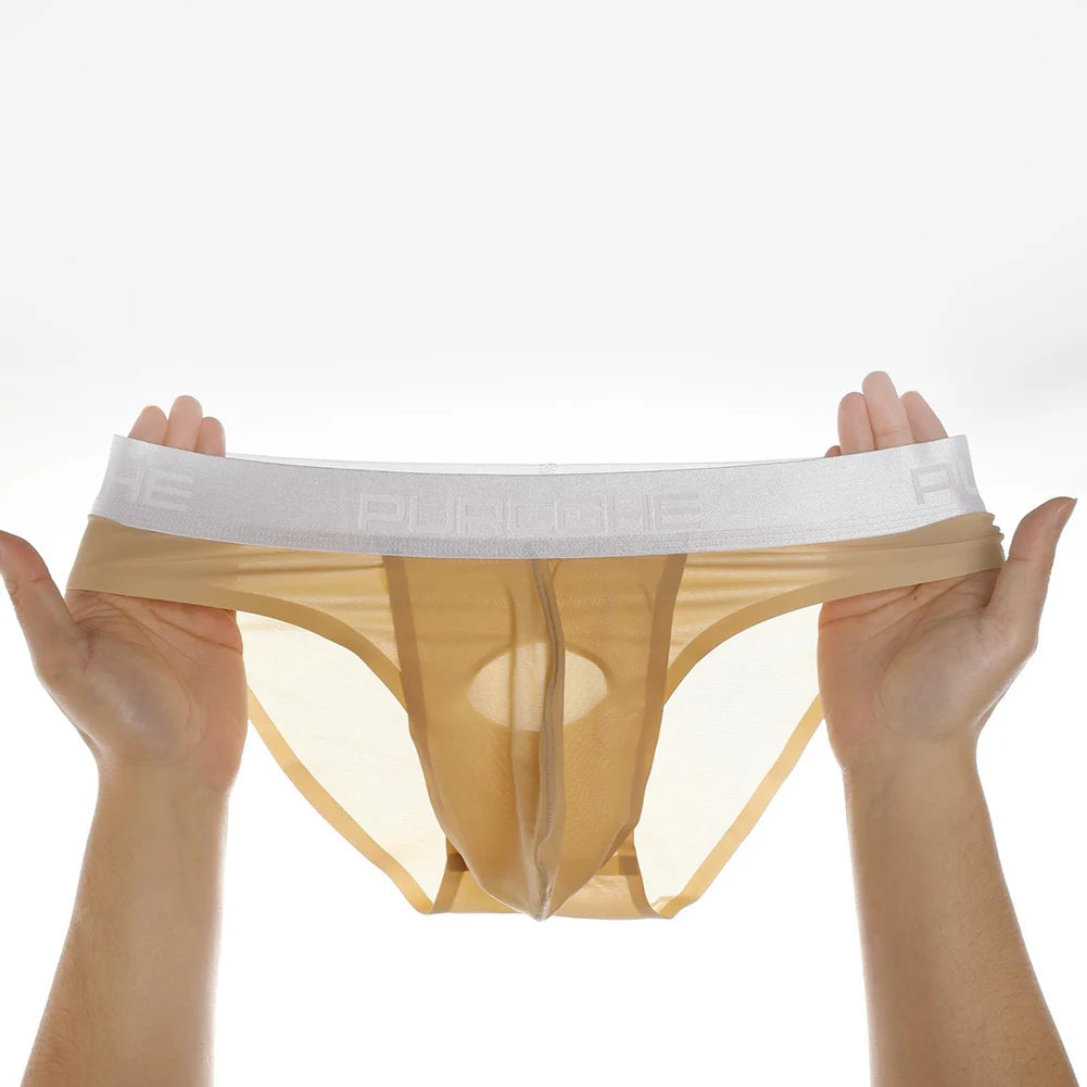 Men’s Ice Silk Ultra-Thin Briefs with Raised Comfort Pouch in Khaki by Gallery Man