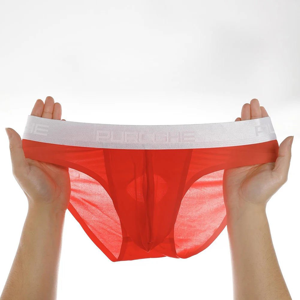 Men’s Ice Silk Ultra-Thin Briefs with Raised Comfort Pouch in Red by Gallery Man