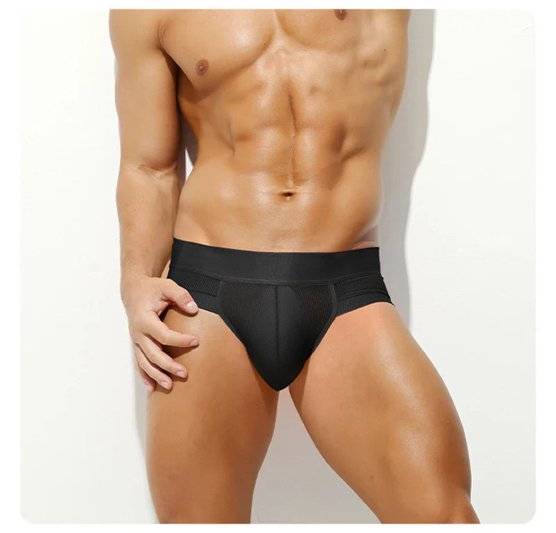Men’s Ice Silk Cooling Briefs with Wide Waistband & Contour Pouch in Black by Gallery Man