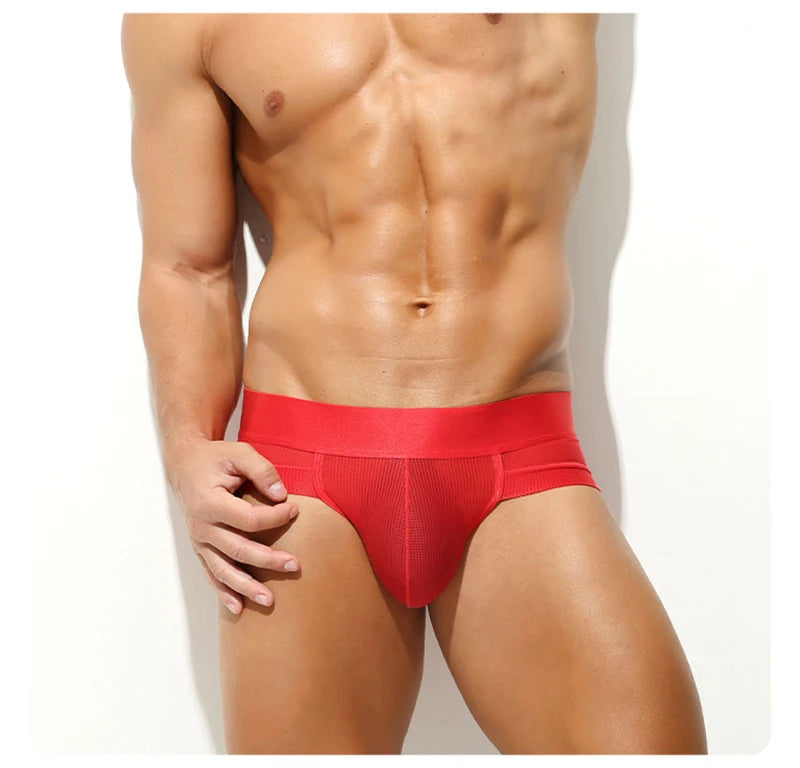 Men’s Ice Silk Cooling Briefs with Wide Waistband & Contour Pouch in Red by Gallery Man