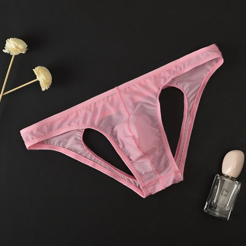 Men's Ice Silk Transparent Briefs with Sexy Open Back in Pink by Gallery Man