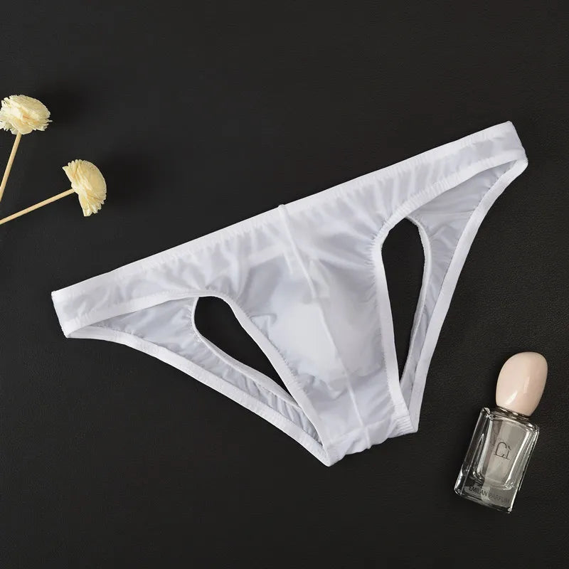 Men's Ice Silk Transparent Briefs with Sexy Open Back in White by Gallery Man