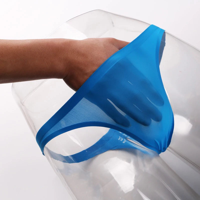 Men's Ice Silk Ultra Thin See Through Thong in Blue by Gallery Man