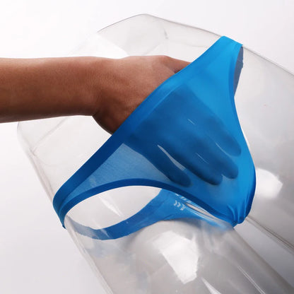 Men's Ice Silk Ultra Thin See Through Thong in Blue by Gallery Man