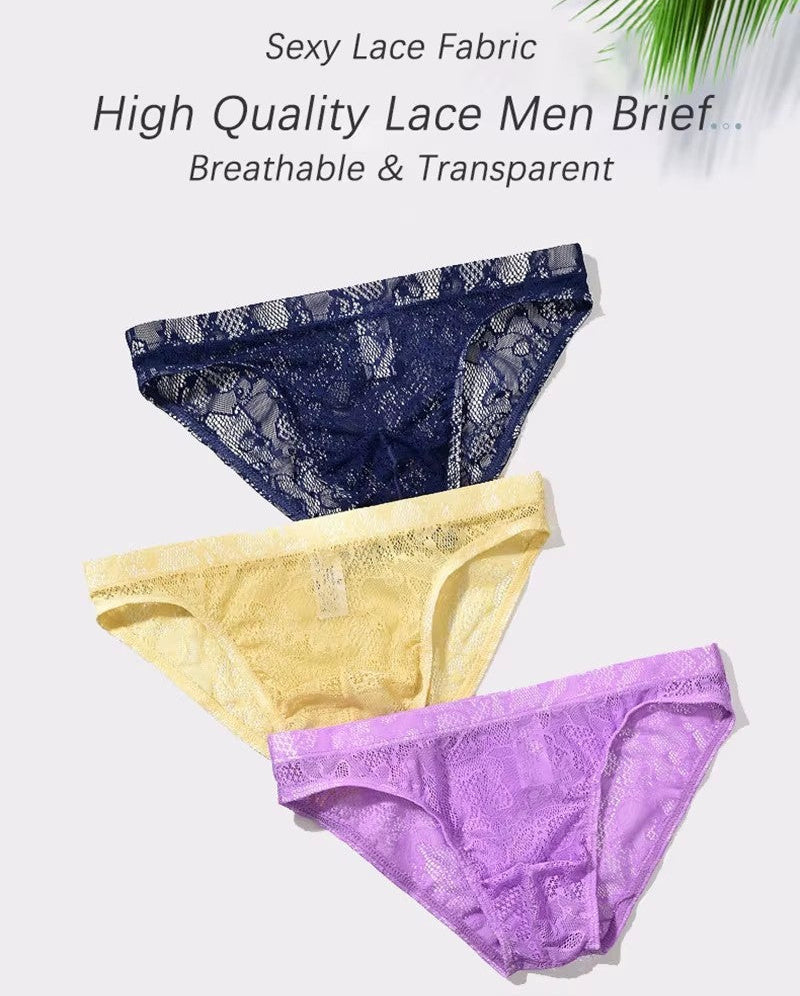 Men's Sexy Lace Briefs Panties See Through Transparent by Gallery Man