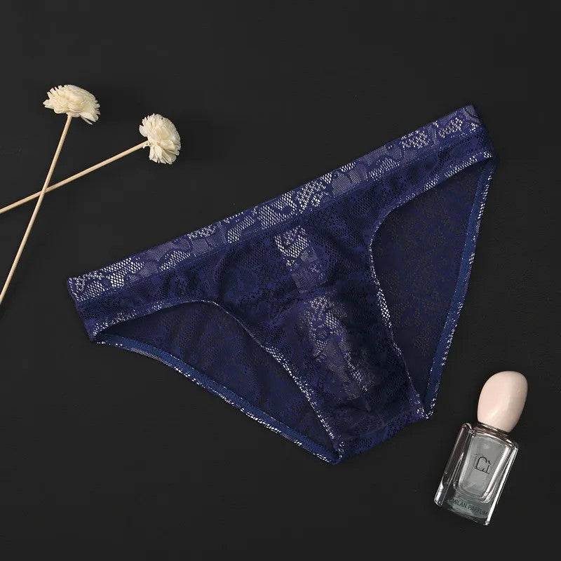 Men's Sexy Lace Briefs Panties See Through Transparent in Navy Blue by Gallery Man