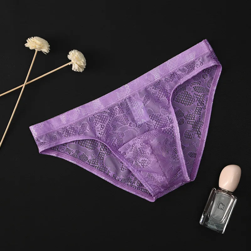 Men's Sexy Lace Briefs Panties See Through Transparent in Purple by Gallery Man