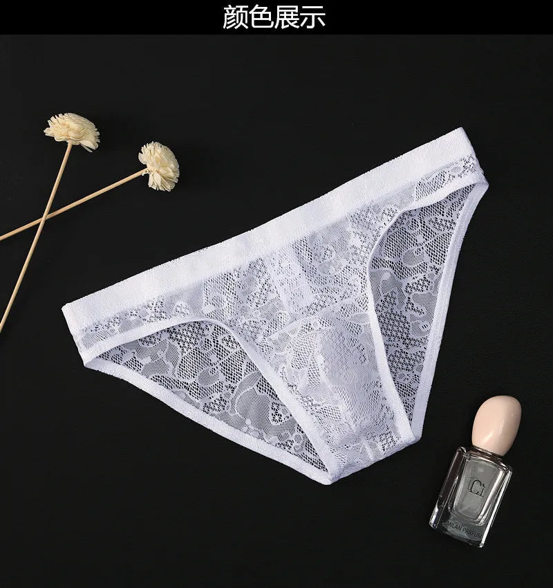 Men's Sexy Lace Briefs Panties See Through Transparent in White by Gallery Man