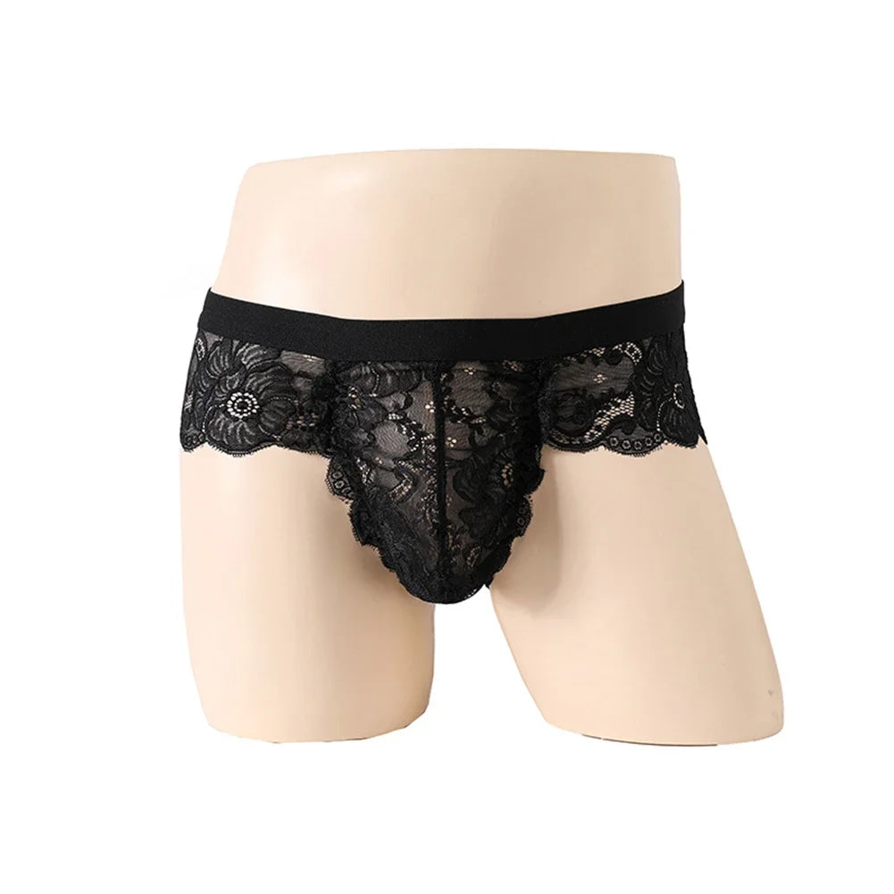Men's Breathable Lace See-Through Panties in Black by Gallery Man