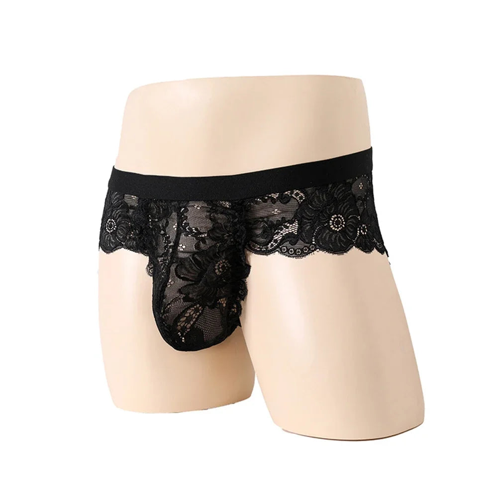 Men's Breathable Lace See-Through Panties in Black by Gallery Man