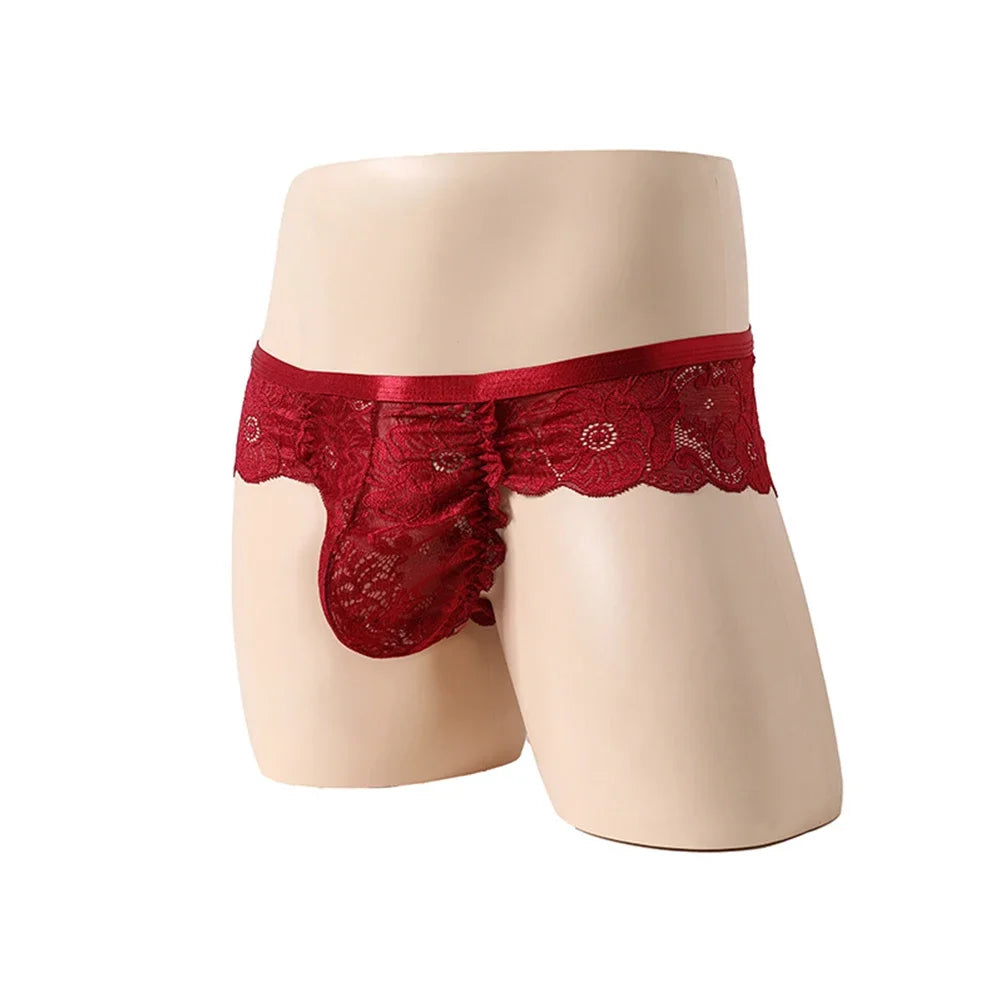 Men's Breathable Lace See-Through Panties in Red Wine by Gallery Man