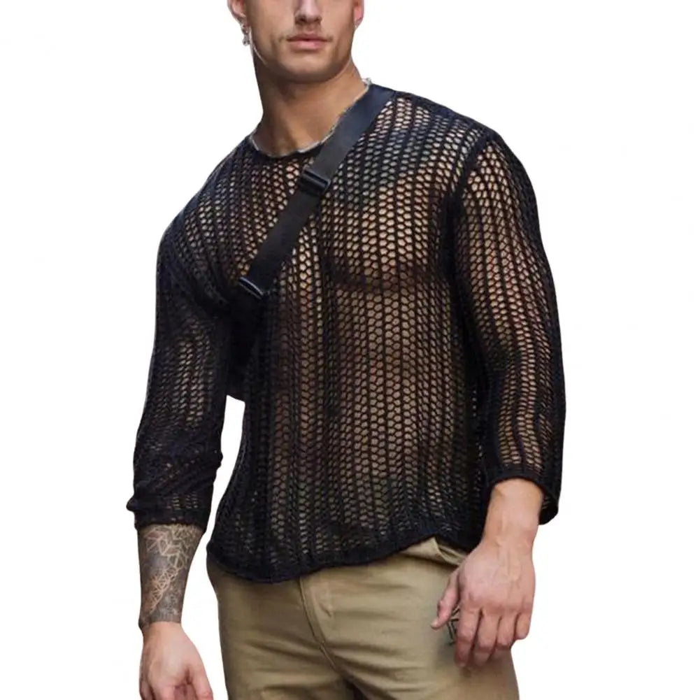 Men’s Long Sleeve See Through Round Neck Mesh Top in Black by Gallery Man