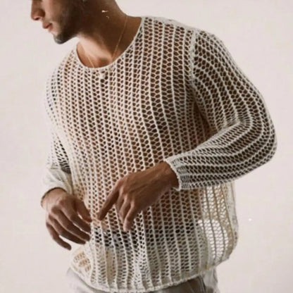 Men’s Long Sleeve See Through Round Neck Mesh Top in White by Gallery Man