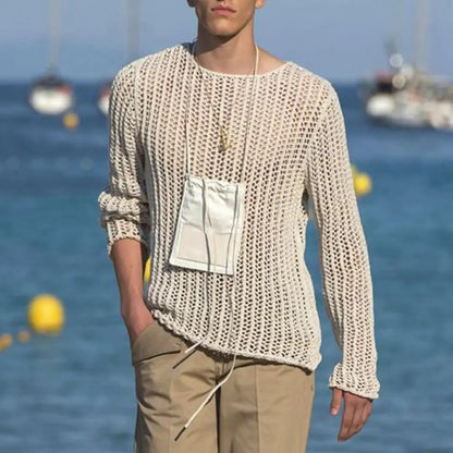 Men’s Long Sleeve See Through Round Neck Mesh Top in White by Gallery Man