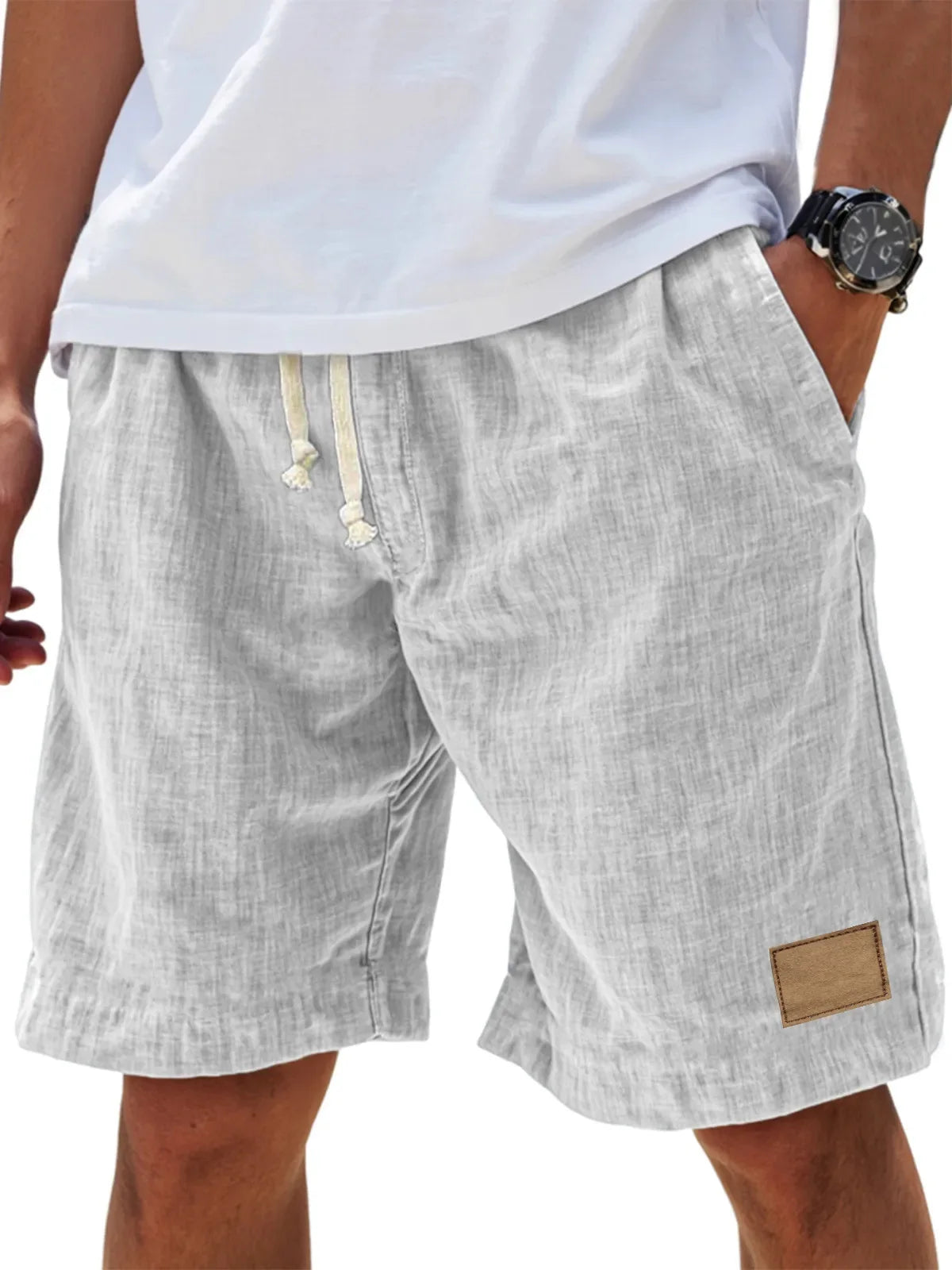 Men’s Loose Fit Drawstring Shorts – Retro Casual in Grayish White by Gallery Man