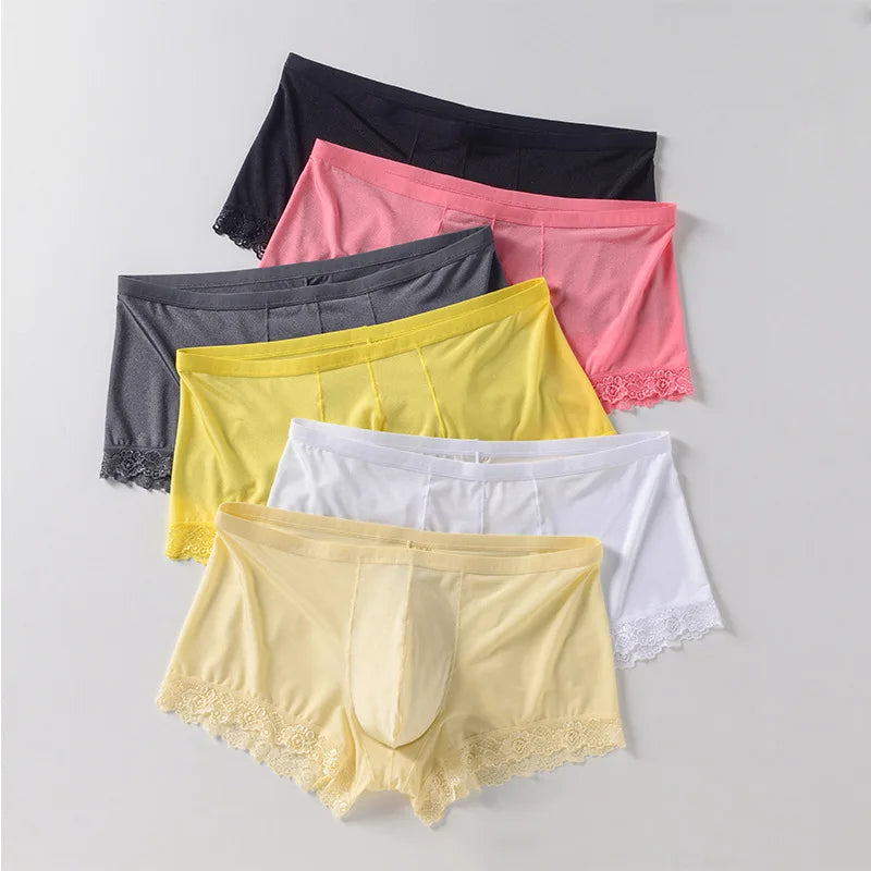 Men's Mid Waist Boxer Shorts Lace Ice Silk Ultra Thin by Gallery Man