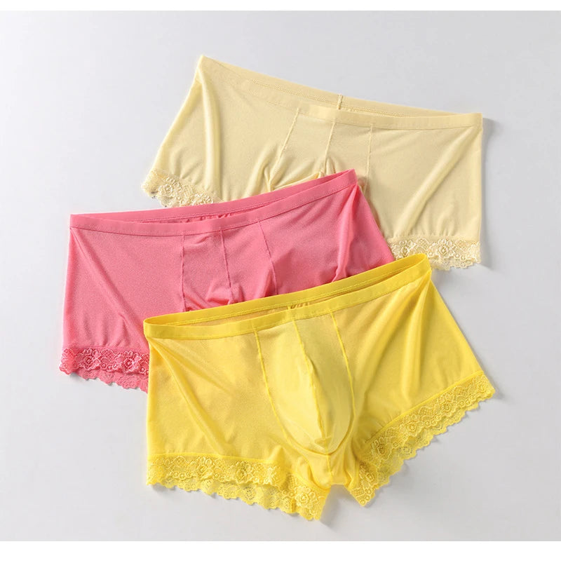Men's Mid Waist Boxer Shorts Lace Ice Silk Ultra Thin by Gallery Man