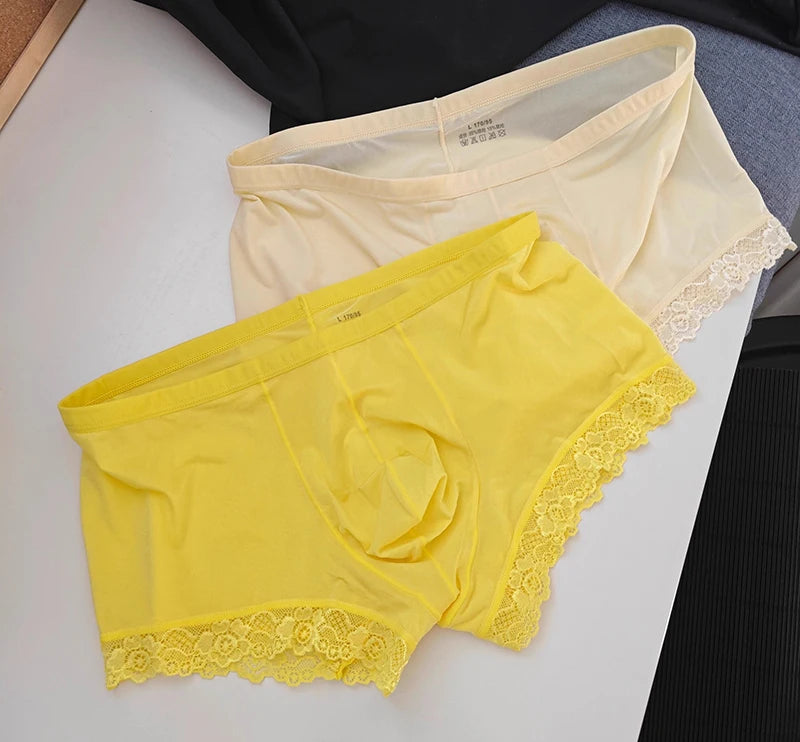 Men's Mid Waist Boxer Shorts Lace Ice Silk Ultra Thin by Gallery Man