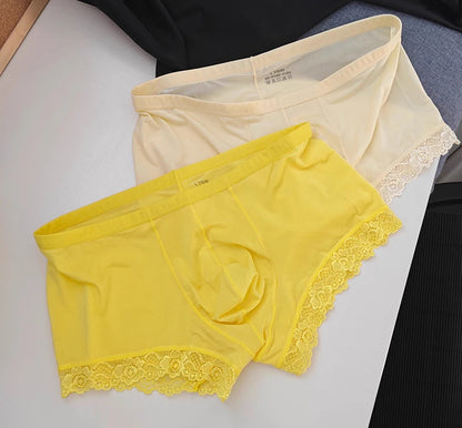 Men's Mid Waist Boxer Shorts Lace Ice Silk Ultra Thin by Gallery Man
