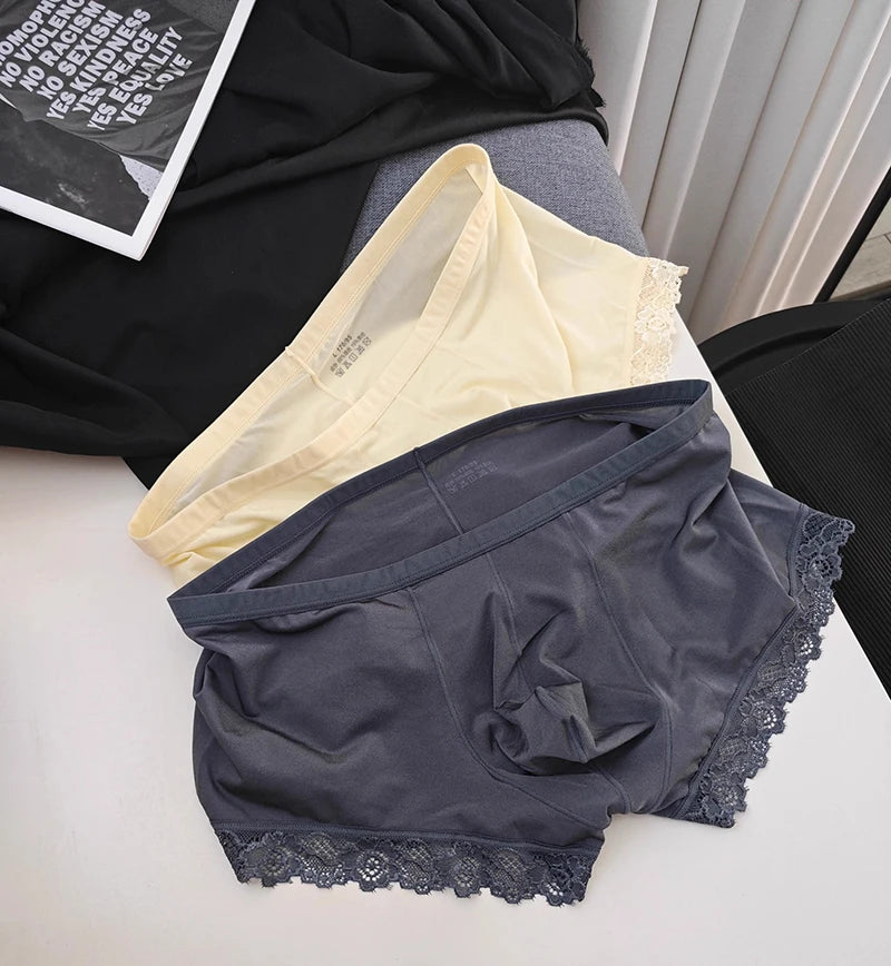 Men's Mid Waist Boxer Shorts Lace Ice Silk Ultra Thin by Gallery Man