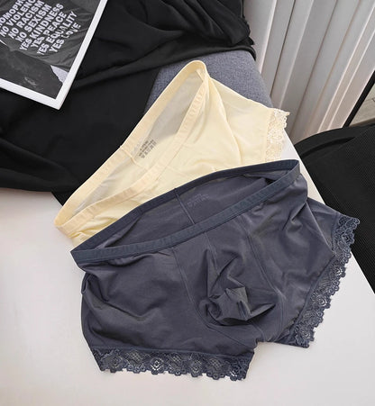 Men's Mid Waist Boxer Shorts Lace Ice Silk Ultra Thin by Gallery Man